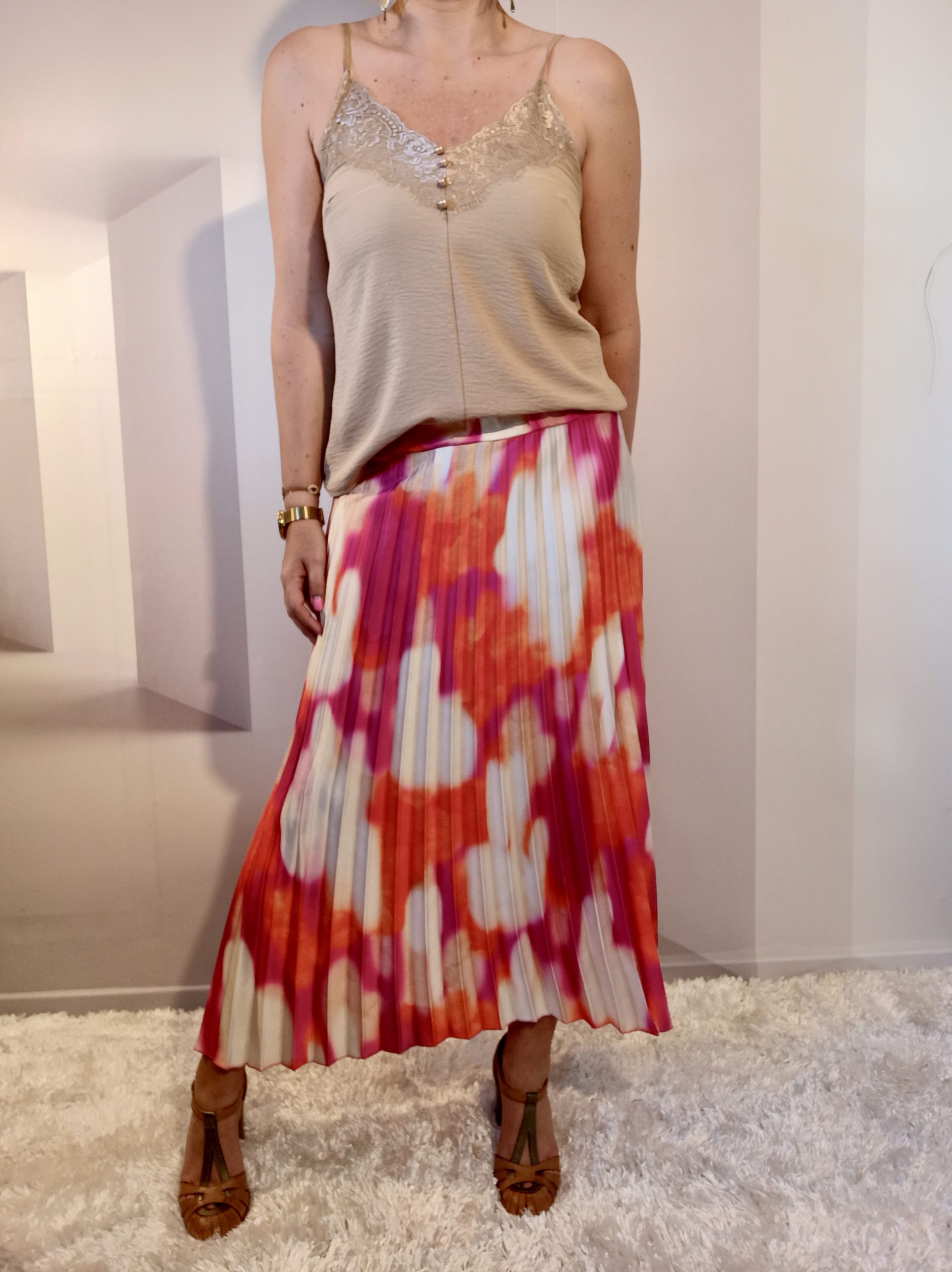 Jupe Plissée Imprimée Orange