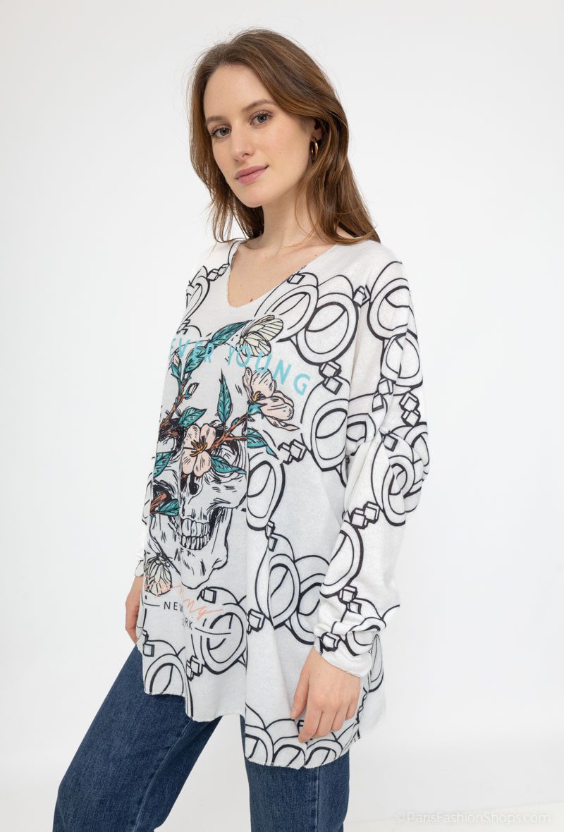 Pull Léger Tête de mort Blanc – Image 3